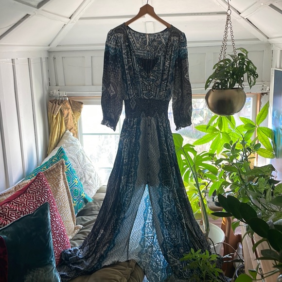 Free People Blue Button Down Full Length Peasant Dress - Picture 1 of 6